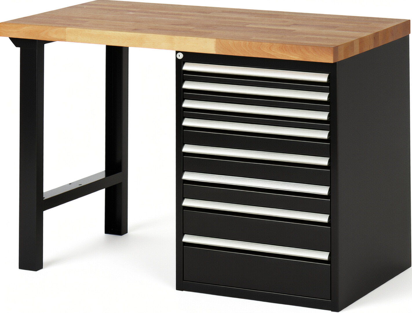 Werkbank Modell 7519 schwarz, BxTxH 1250x700x890 mm,  Buche-Massiv Arbeitsplatte 40 mm,  8 Schubladen mit  Auszug 90 %
