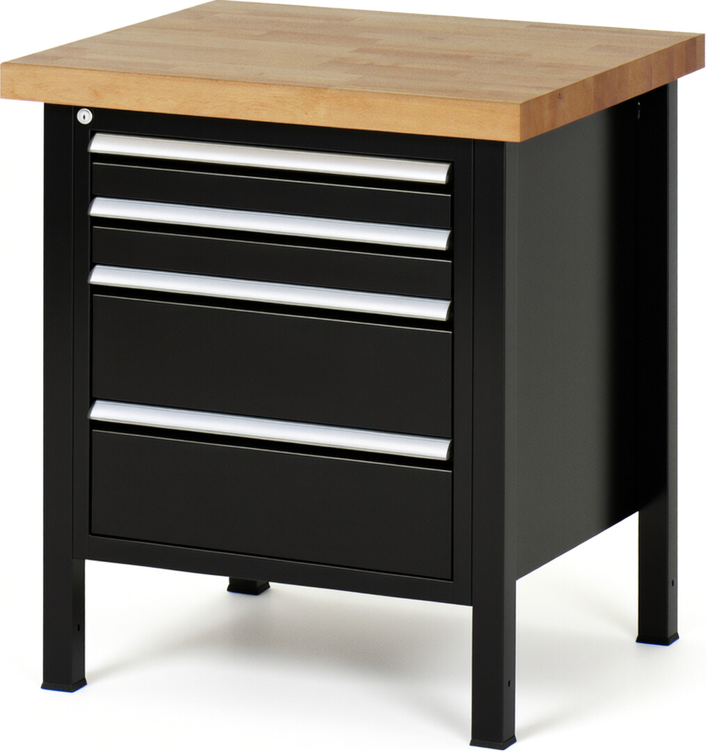 Werkbank Modell 8161 schwarz, BxTxH 750x700x840-1040 mm,  Buche-Massiv Arbeitsplatte 40 mm,  4 Schubladen mit  Auszug 90 %