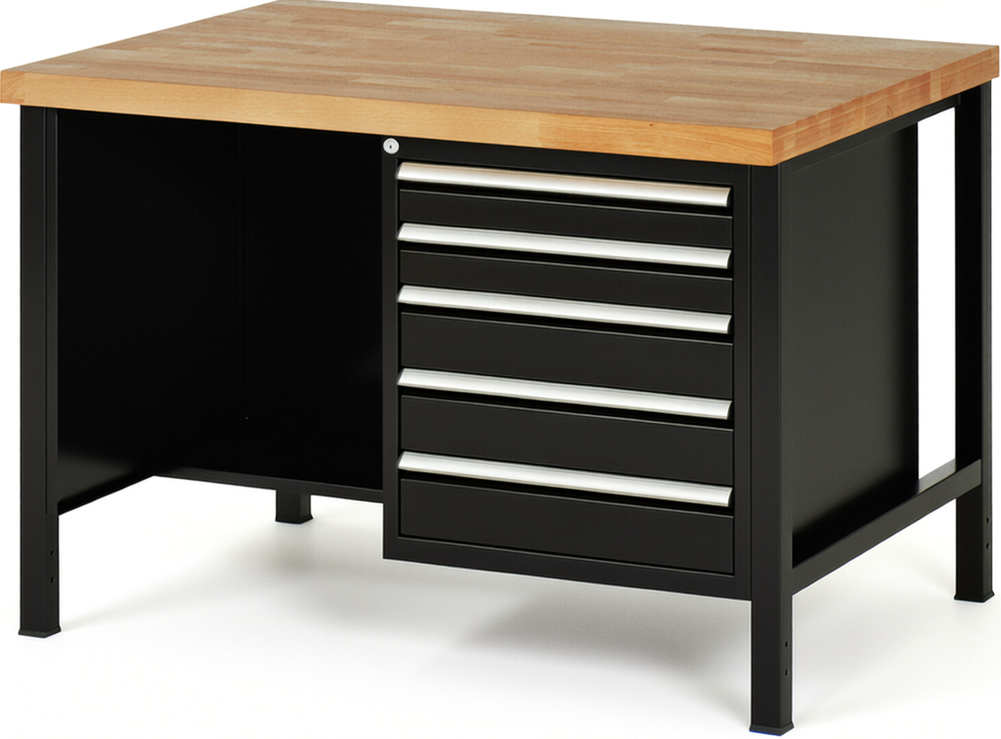 Werkbank Modell 8454 schwarz, BxTxH 1250x900x840 mm,  Buche-Massiv Arbeitsplatte 40 mm,  5 Schubladen mit  Auszug 90 %