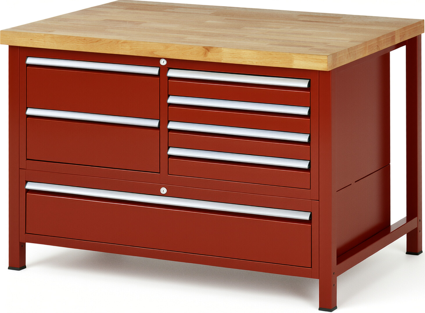 Werkbank Modell 8931 rot, BxTxH 1250x900x840 mm,  Buche-Massiv Arbeitsplatte 40 mm,  7 Schubladen mit  Vollauszug 100 % und  SoftClosing