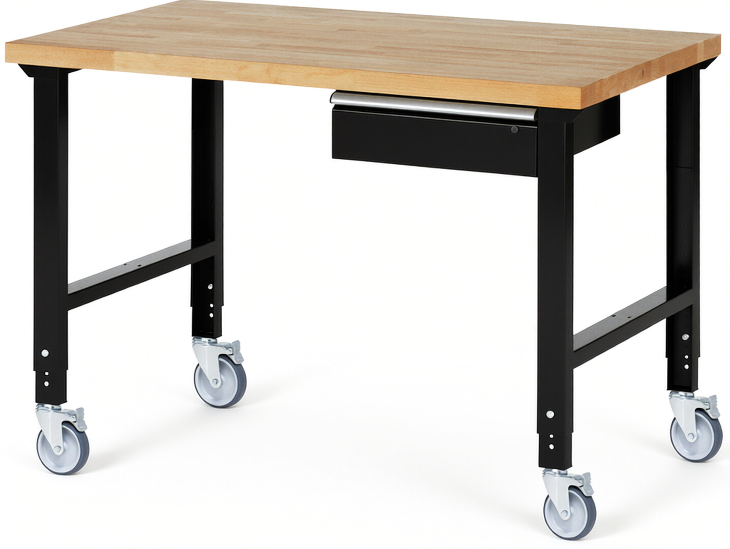 Fahrbare Werkbank Modell 7001 schwarz, BxTxH 1500x900x950-1000 mm,  Buche-Massiv Arbeitsplatte 40 mm,  1 Schublade mit  Auszug 90 %