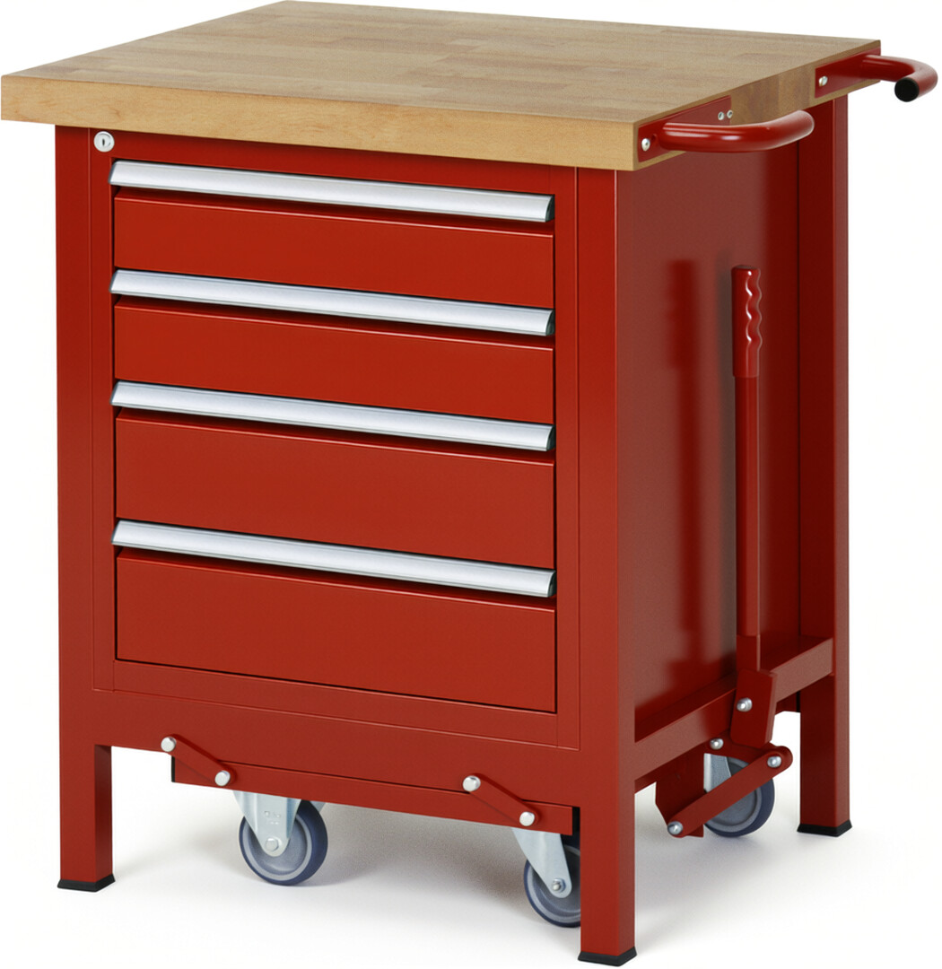 Absenkbare Werkbank Modell 8162 rot, BxTxH 750x700x880 mm,  Buche-Massiv Arbeitsplatte 40 mm,  4 Schubladen mit  Vollauszug 100 % und  SoftClosing