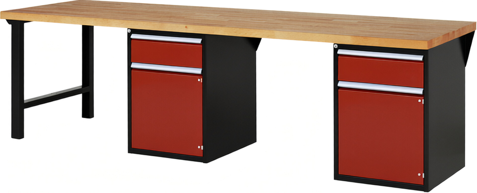 RAU Werkbank schwarz - rot - Breite 300 cm - Tiefe 90 cm - Höhe 89 cm - Buche-Massiv Arbeitsplatte 40 mm