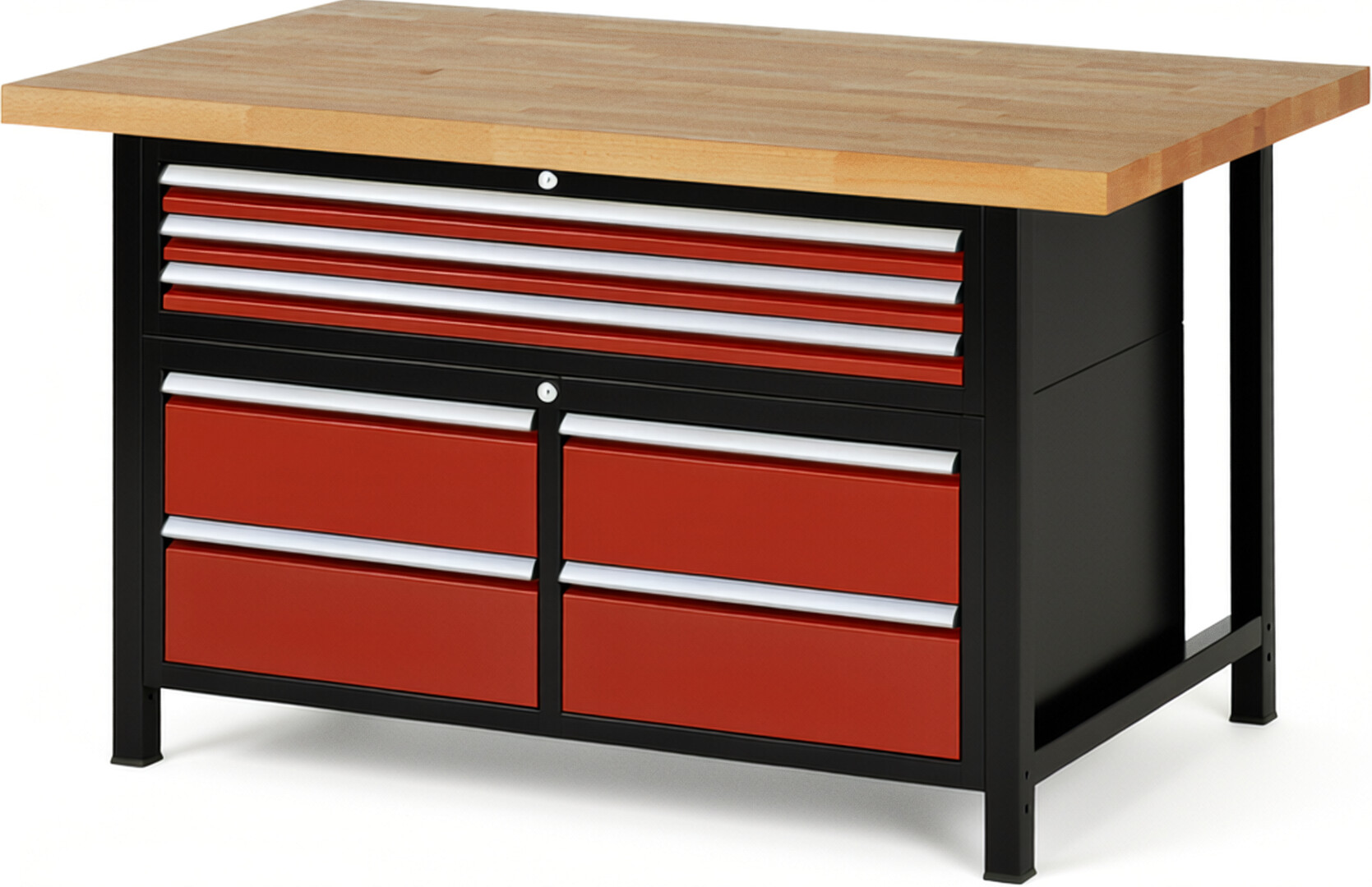 RAU Werkbank schwarz - rot - Breite 150 cm - Tiefe 90 cm - Höhe 104 cm - Buche-Massiv Arbeitsplatte 40 mm