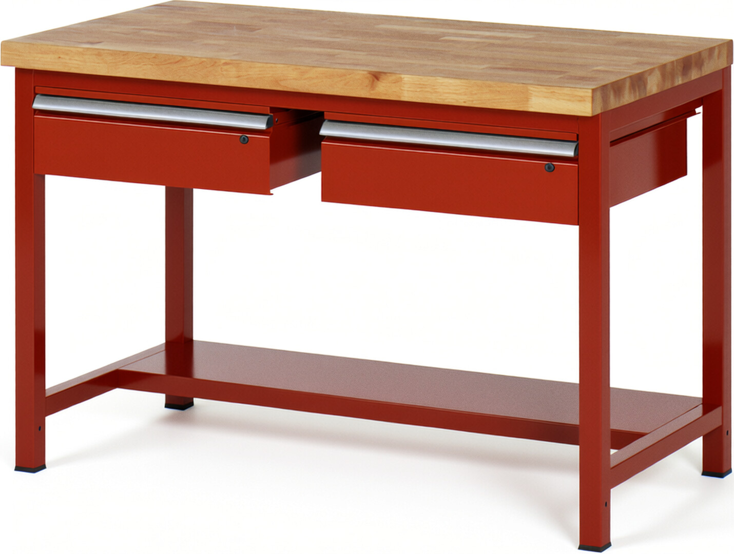 Werkbank Modell 8002 rot, BxTxH 1250x900x840-1040 mm,  Buche-Massiv Arbeitsplatte 40 mm,  2 Schubladen mit  Auszug 90 %