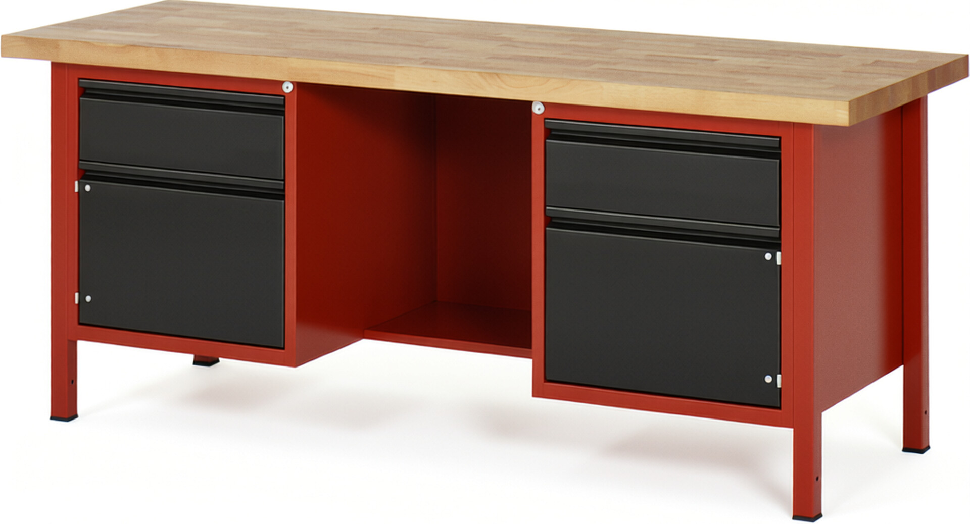 Werkbank - Modell 8551 BASIC rot - schwarz, BxTxH 2000x700x840 mm,  Buche-Massiv Arbeitsplatte 40 mm,  2 Schubladen mit  Auszug 90 %