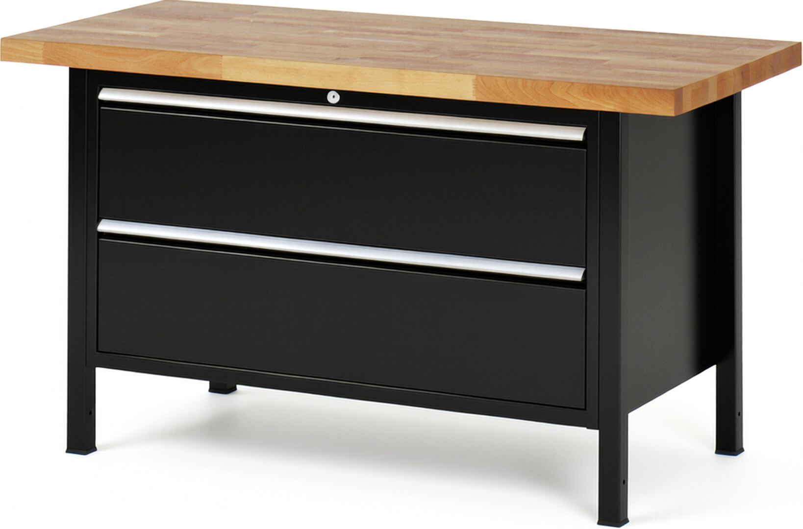 Werkbank Modell 8355 schwarz, BxTxH 1500x700x840-1040 mm,  Buche-Massiv Arbeitsplatte 40 mm,  2 Schubladen mit  Vollauszug 100 % und  SoftClosing