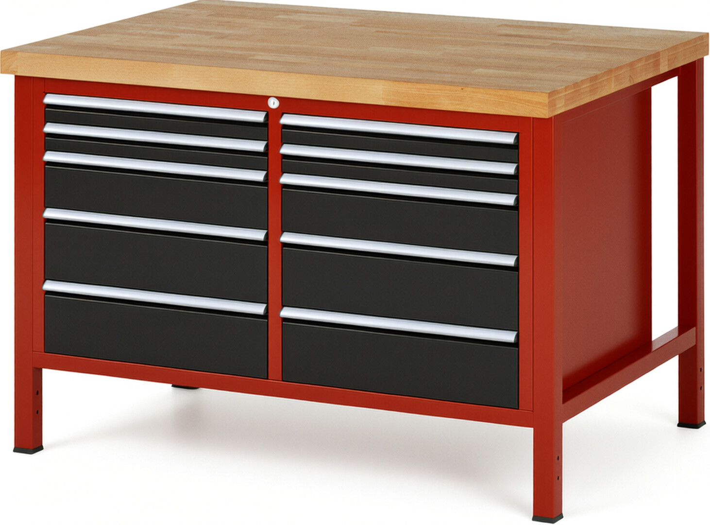 Werkbank Modell 8480 rot - schwarz, BxTxH 1250x900x840 mm,  Buche-Massiv Arbeitsplatte 40 mm,  10 Schubladen mit  Vollauszug 100 % und  SoftClosing