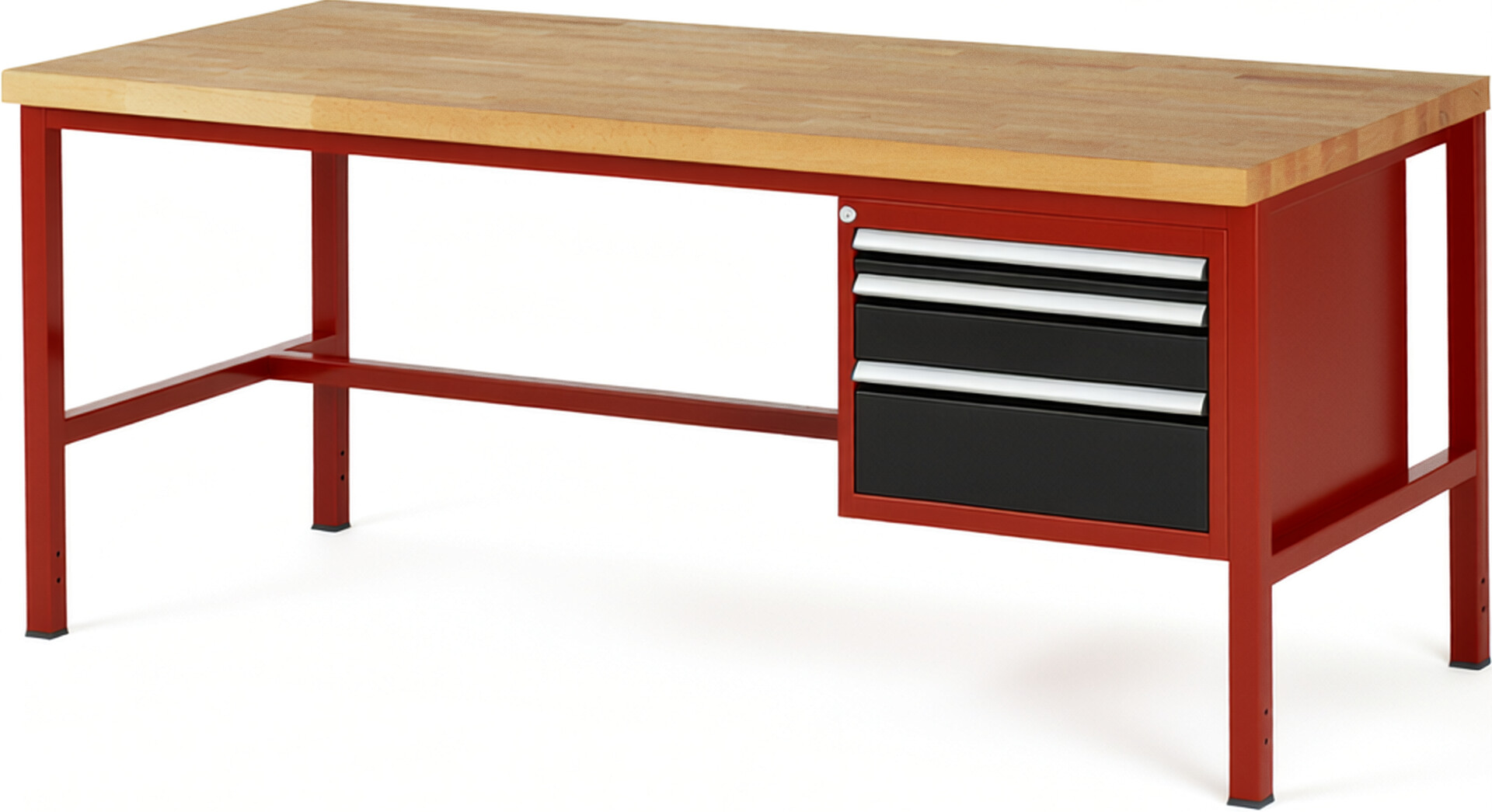 Werkbank Modell 8126 rot - schwarz, BxTxH 2000x900x840-1040 mm,  Buche-Massiv Arbeitsplatte 40 mm,  3 Schubladen mit  Vollauszug 100 % und  SoftClosing