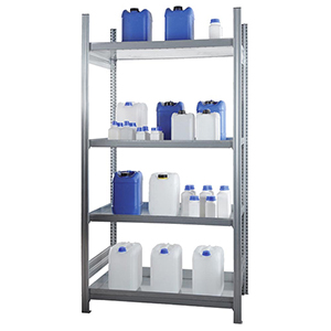 Kleingebinderegal mit 4x30 l Fachwannen