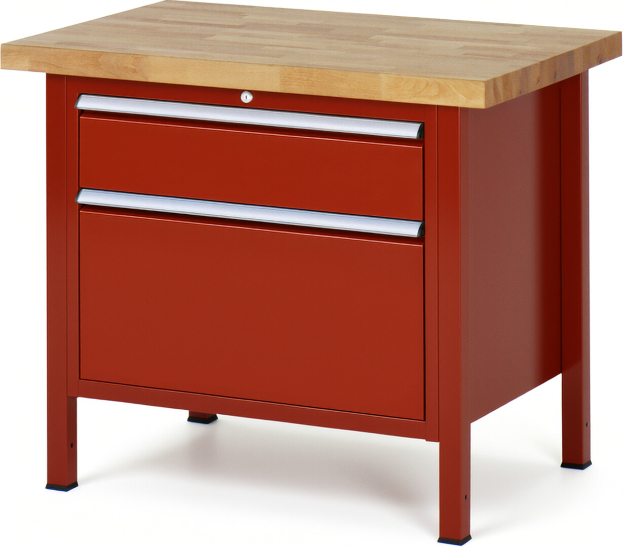 Werkbank Modell 8256 rot, BxTxH 1000x700x840-1040 mm,  Buche-Massiv Arbeitsplatte 40 mm,  2 Schubladen mit  Auszug 90 %