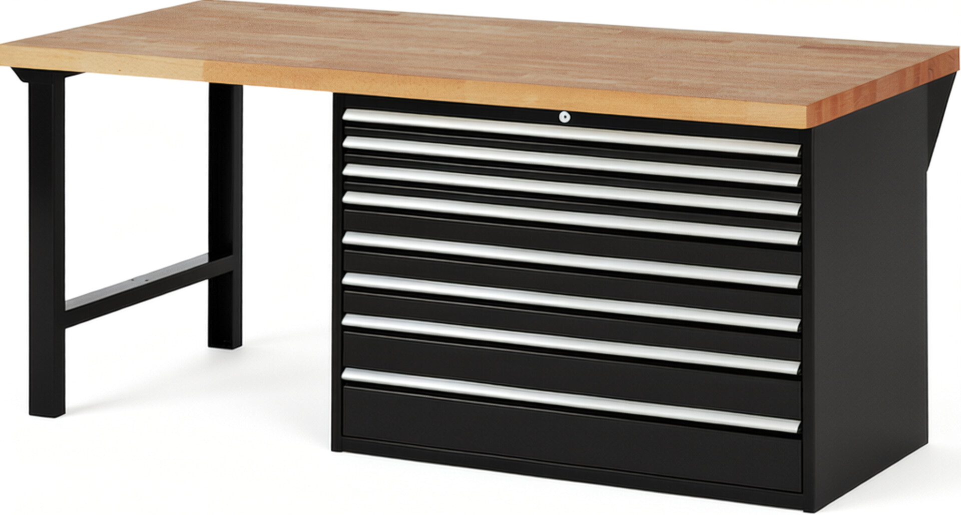 Werkbank Modell 7719 schwarz, BxTxH 2000x900x840 mm,  Buche-Massiv Arbeitsplatte 40 mm,  8 Schubladen mit  Vollauszug 100 % und  SoftClosing