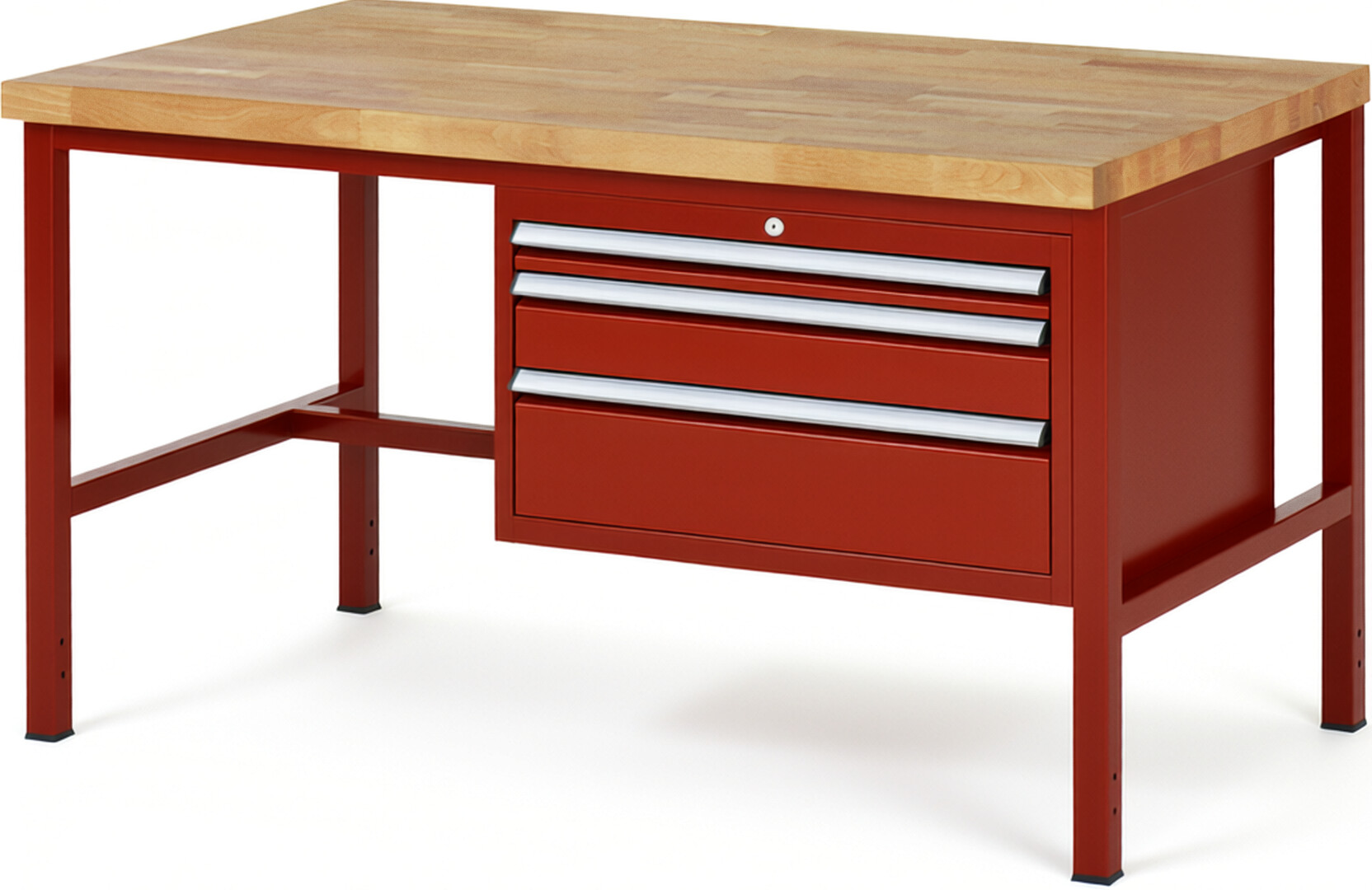 Werkbank Modell 8226 rot, BxTxH 1500x900x840 mm,  Buche-Massiv Arbeitsplatte 40 mm,  3 Schubladen mit  Vollauszug 100 % und  SoftClosing