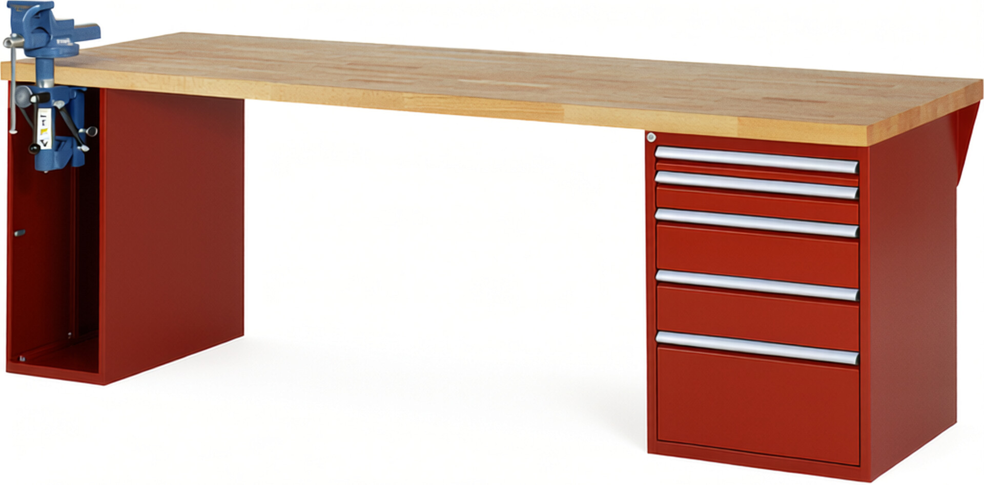 Werkbank Modell 7511 rot, BxTxH 2500x900x890 mm,  Buche-Massiv Arbeitsplatte 40 mm,  5 Schubladen mit  Auszug 90 %