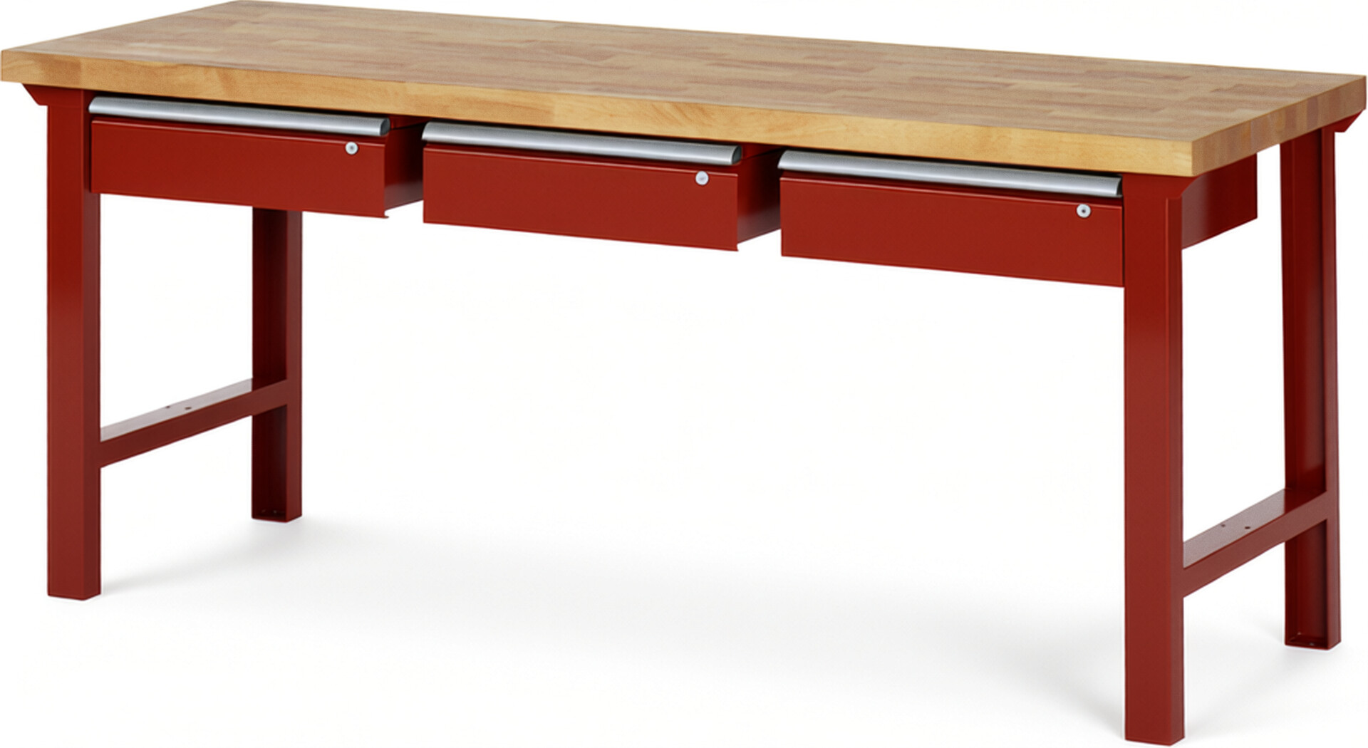 Werkbank Modell 7003 rot, BxTxH 2000x700x840 mm,  Buche-Massiv Arbeitsplatte 40 mm,  3 Schubladen mit  Auszug 90 %
