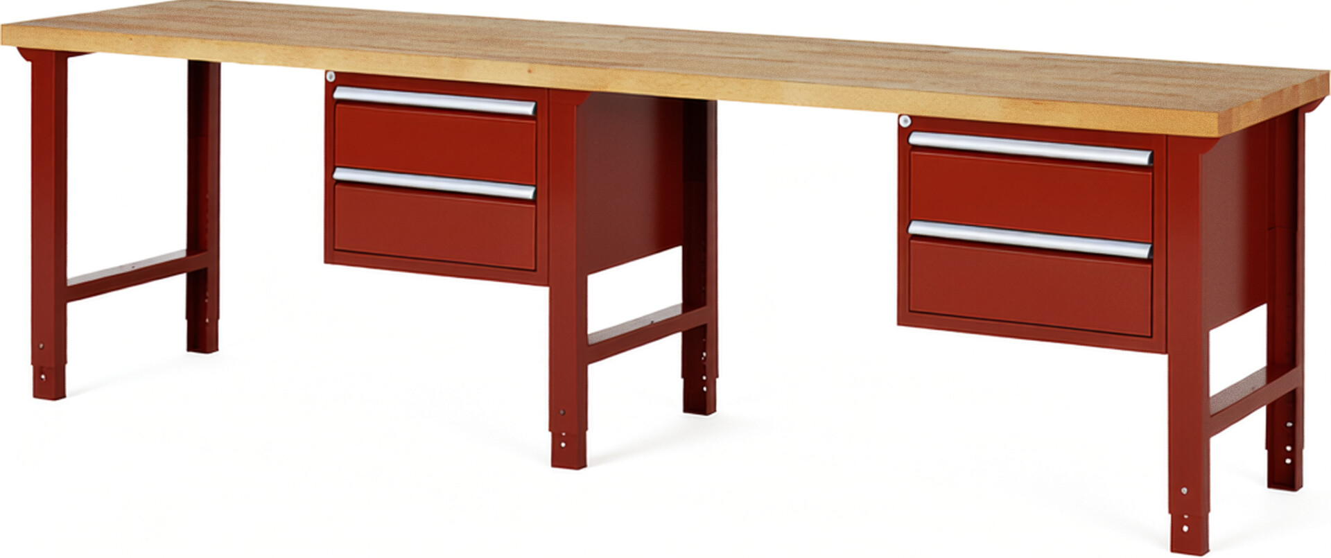 Werkbank Modell 7125 rot, BxTxH 3000x700x790-1140 mm,  Buche-Massiv Arbeitsplatte 40 mm,  4 Schubladen mit  Auszug 90 %