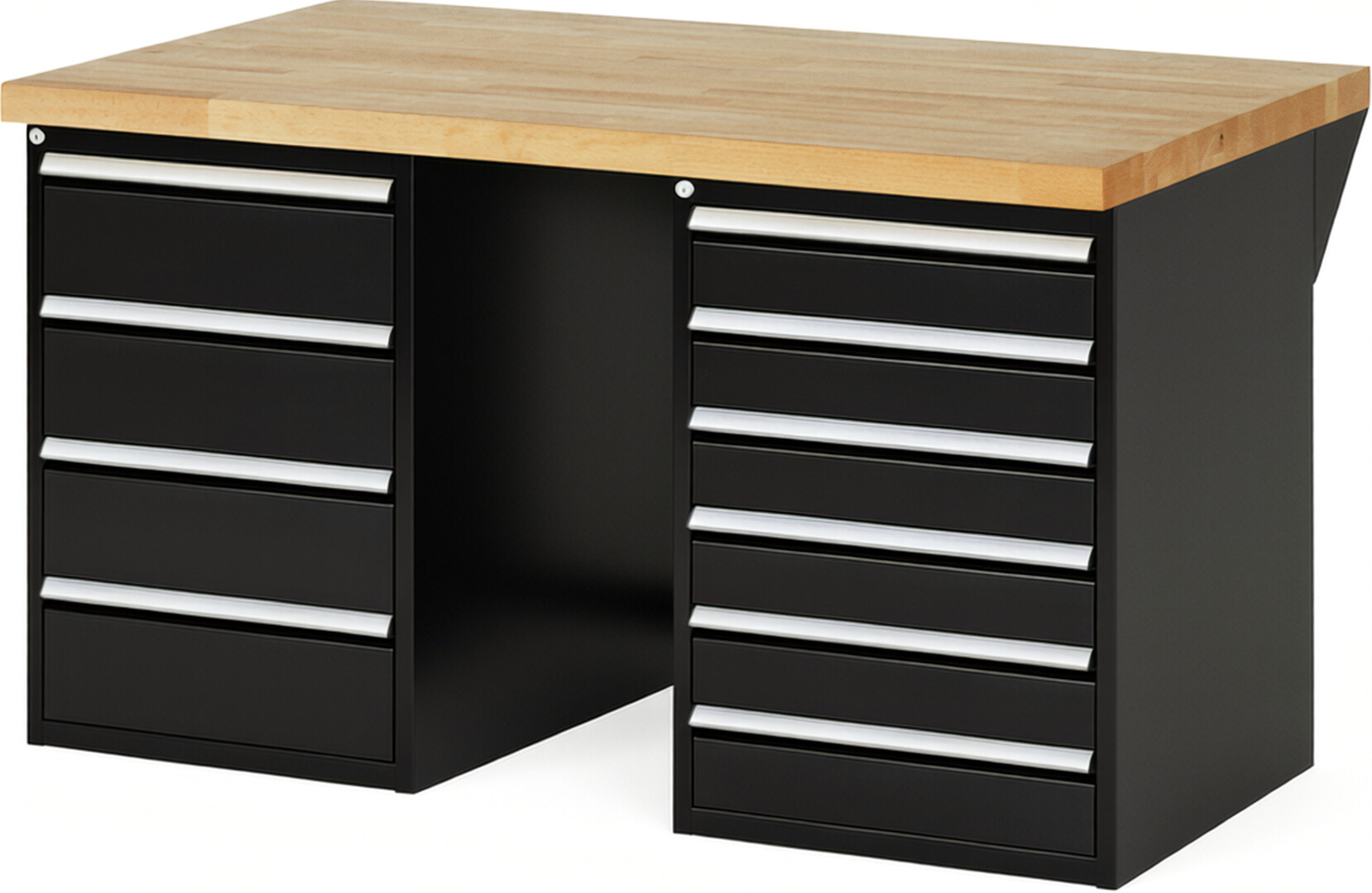 Werkbank Modell 7821 schwarz, BxTxH 1500x900x890 mm,  Buche-Massiv Arbeitsplatte 40 mm,  10 Schubladen mit  Auszug 90 %