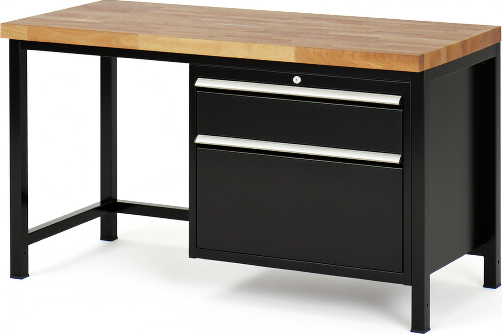 Werkbank Modell 8256 schwarz, BxTxH 1500x700x840 mm,  Buche-Massiv Arbeitsplatte 40 mm,  2 Schubladen mit  Vollauszug 100 % und  SoftClosing
