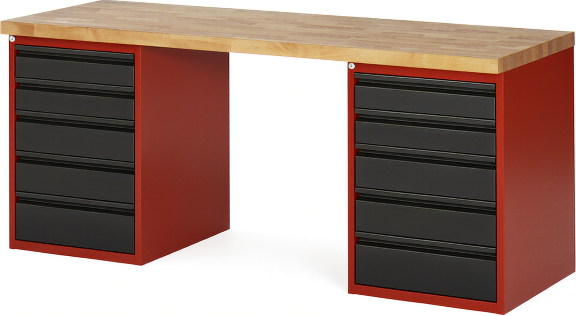Werkbank - Modell 7513 BASIC rot - schwarz, BxTxH 2000x700x890 mm,  Buche-Massiv Arbeitsplatte 40 mm,  10 Schubladen mit  Auszug 90 %