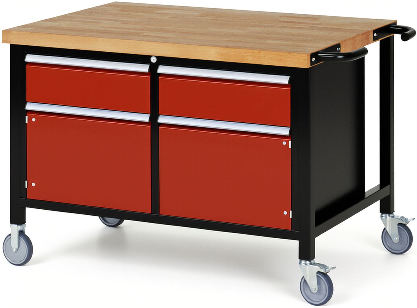RAU Werkbank schwarz - rot - Breite 125 cm - Tiefe 90 cm - Höhe 108 cm - Buche-Massiv Arbeitsplatte 40 mm