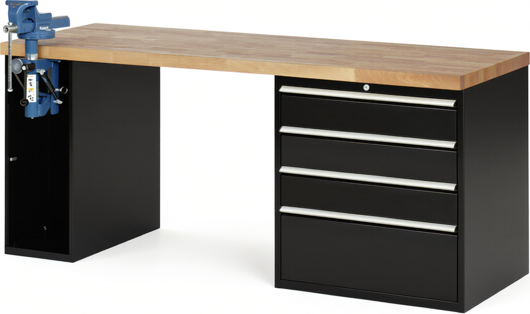 Werkbank Modell 7610 schwarz, BxTxH 2000x700x890 mm,  Buche-Massiv Arbeitsplatte 40 mm,  4 Schubladen mit  Auszug 90 %