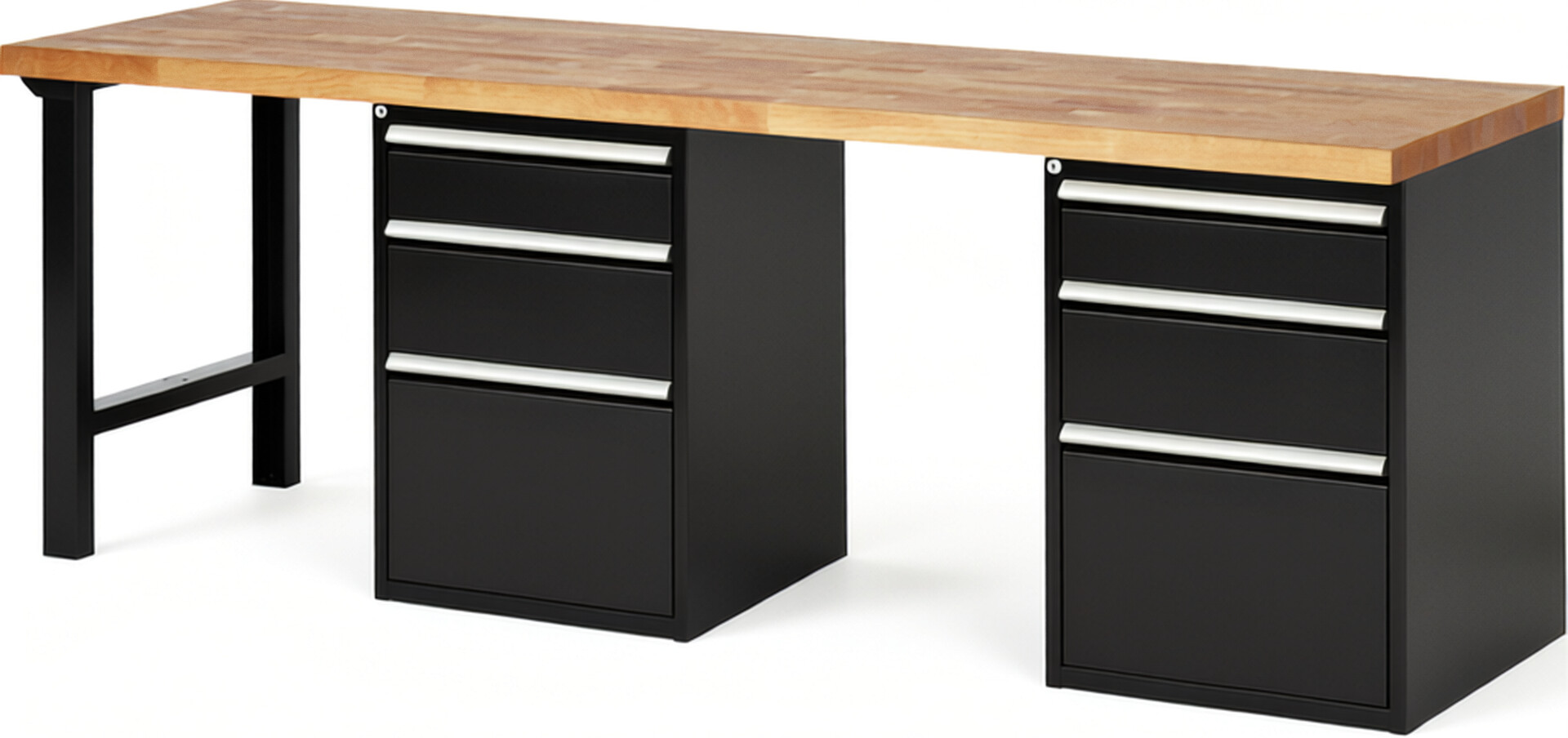 Werkbank Modell 7508 schwarz, BxTxH 2500x700x890 mm,  Buche-Massiv Arbeitsplatte 40 mm,  6 Schubladen mit  Vollauszug 100 % und  SoftClosing