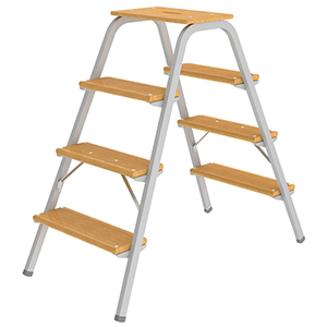 Trittleiter, Stufentritt, Stufen und Deckbrett aus Holz, Holme aus Stahl, grau beschichtet, Arbeitsh. ca. 2,80 m, Höhe Deckbrett 0,97 m, 4 Stufen inkl. Deckbrett