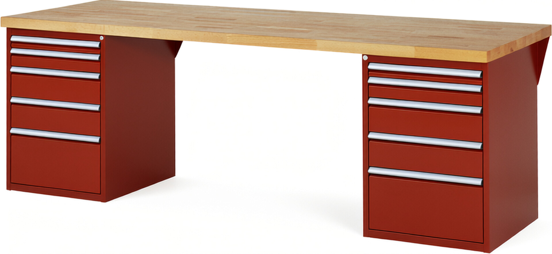 Werkbank Modell 7511 rot, BxTxH 2500x900x890 mm,  Buche-Massiv Arbeitsplatte 40 mm,  10 Schubladen mit  Vollauszug 100 % und  SoftClosing