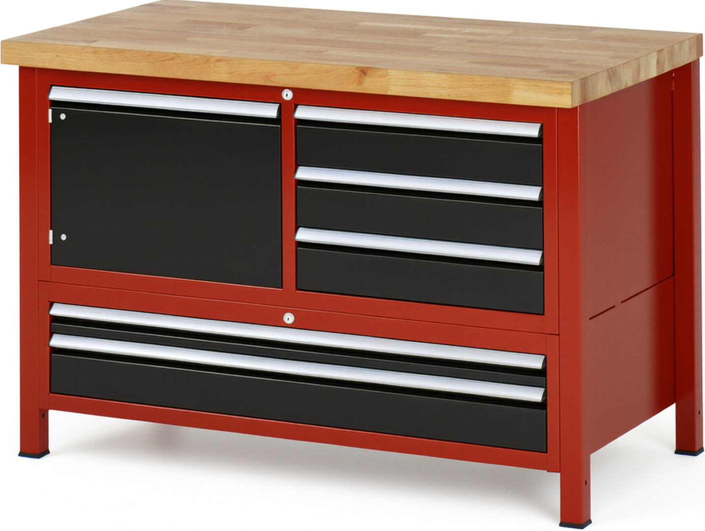 Werkbank Modell 8932 rot - schwarz, BxTxH 1250x700x840 mm,  Buche-Massiv Arbeitsplatte 40 mm,  5 Schubladen mit  Auszug 90 %