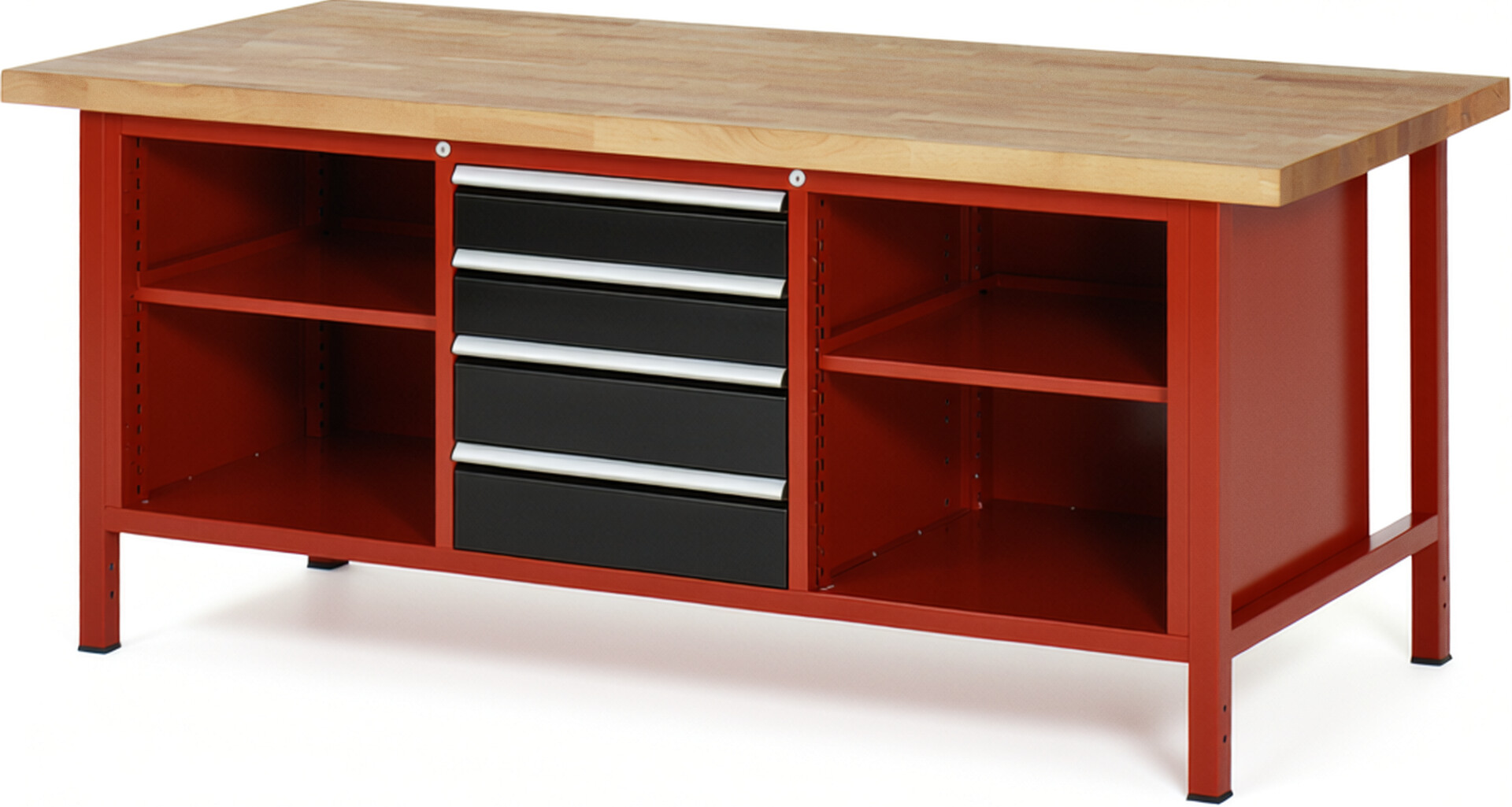 Werkbank Modell 8566 rot - schwarz, BxTxH 2000x900x840 mm,  Buche-Massiv Arbeitsplatte 40 mm,  4 Schubladen mit  Auszug 90 %