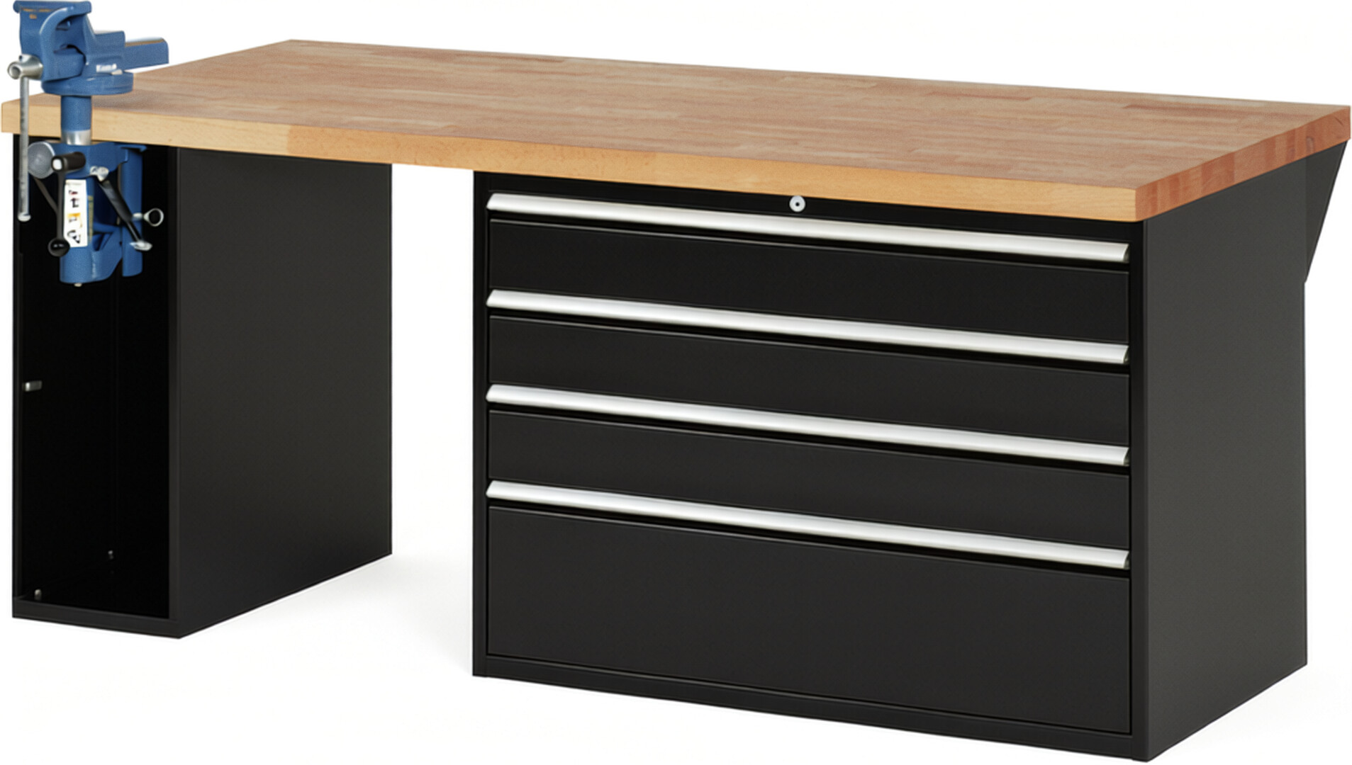 Werkbank Modell 7710 schwarz, BxTxH 2000x900x840 mm,  Buche-Massiv Arbeitsplatte 40 mm,  4 Schubladen mit  Auszug 90 %