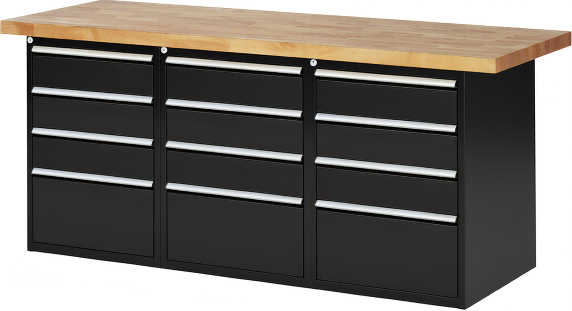Werkbank Modell 7510 schwarz, BxTxH 2000x700x840 mm,  Buche-Massiv Arbeitsplatte 40 mm,  12 Schubladen mit  Auszug 90 %