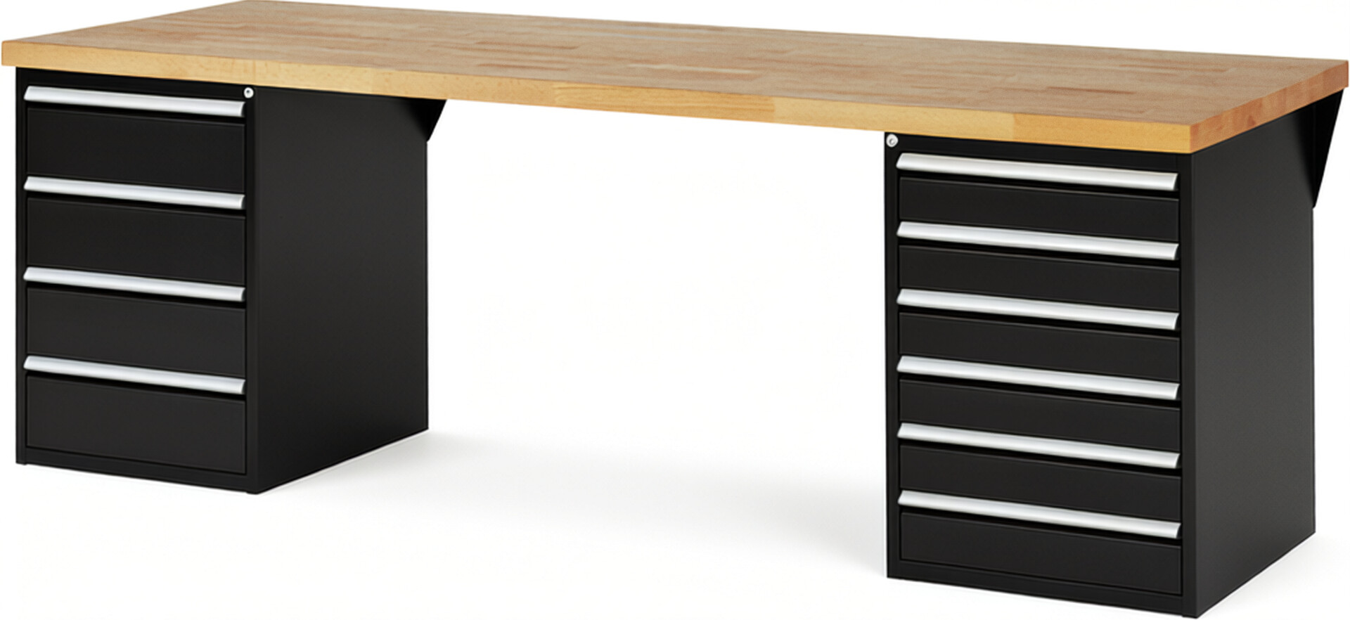 Werkbank Modell 7821 schwarz, BxTxH 2500x900x890 mm,  Buche-Massiv Arbeitsplatte 40 mm,  10 Schubladen mit  Auszug 90 %