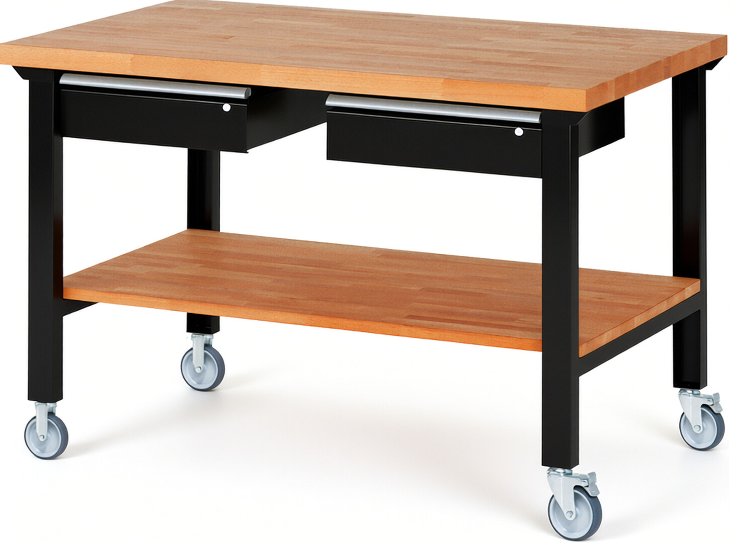 Fahrbare Werkbank Modell 7002 schwarz, BxTxH 1500x900x1000 mm,  Buche-Massiv Arbeitsplatte 40 mm,  2 Schubladen mit  Auszug 90 %