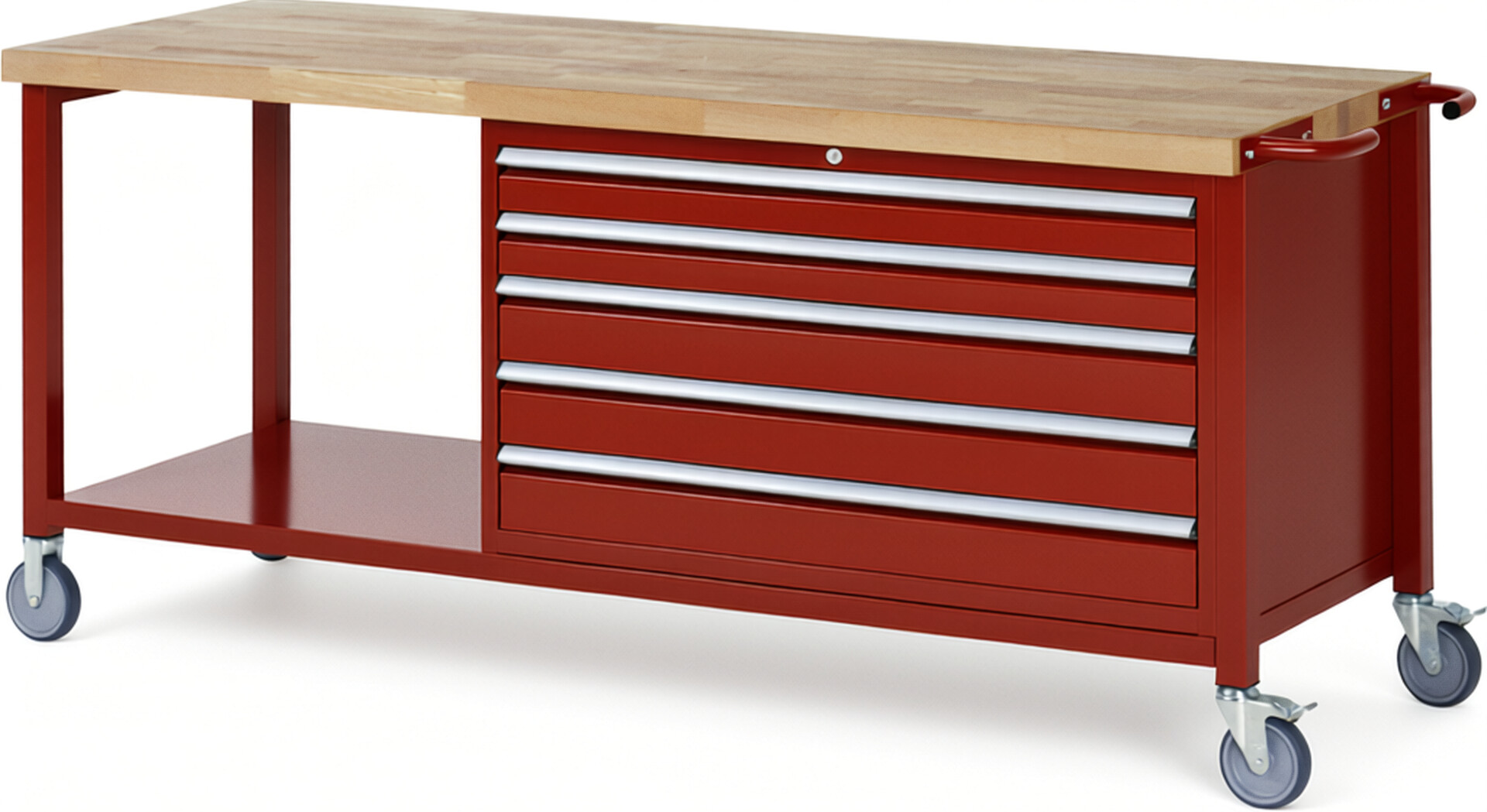 Fahrbare Werkbank Modell 8371 rot, BxTxH 2000x700x880 mm,  Buche-Massiv Arbeitsplatte 40 mm,  5 Schubladen mit  Auszug 90 %