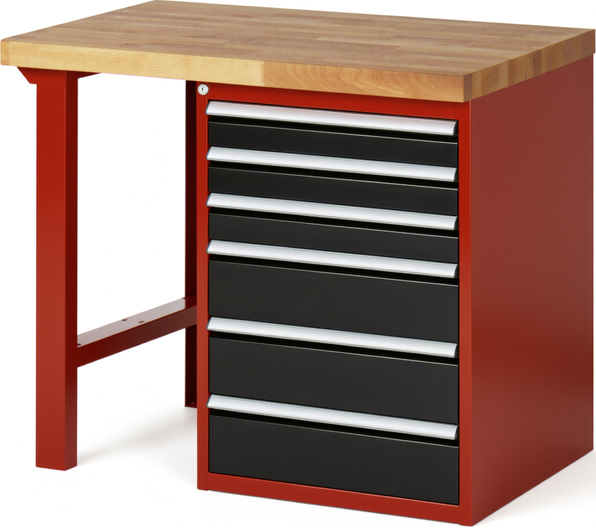 Werkbank Modell 7515 rot - schwarz, BxTxH 1000x700x890 mm,  Buche-Massiv Arbeitsplatte 40 mm,  6 Schubladen mit  Vollauszug 100 % und  SoftClosing