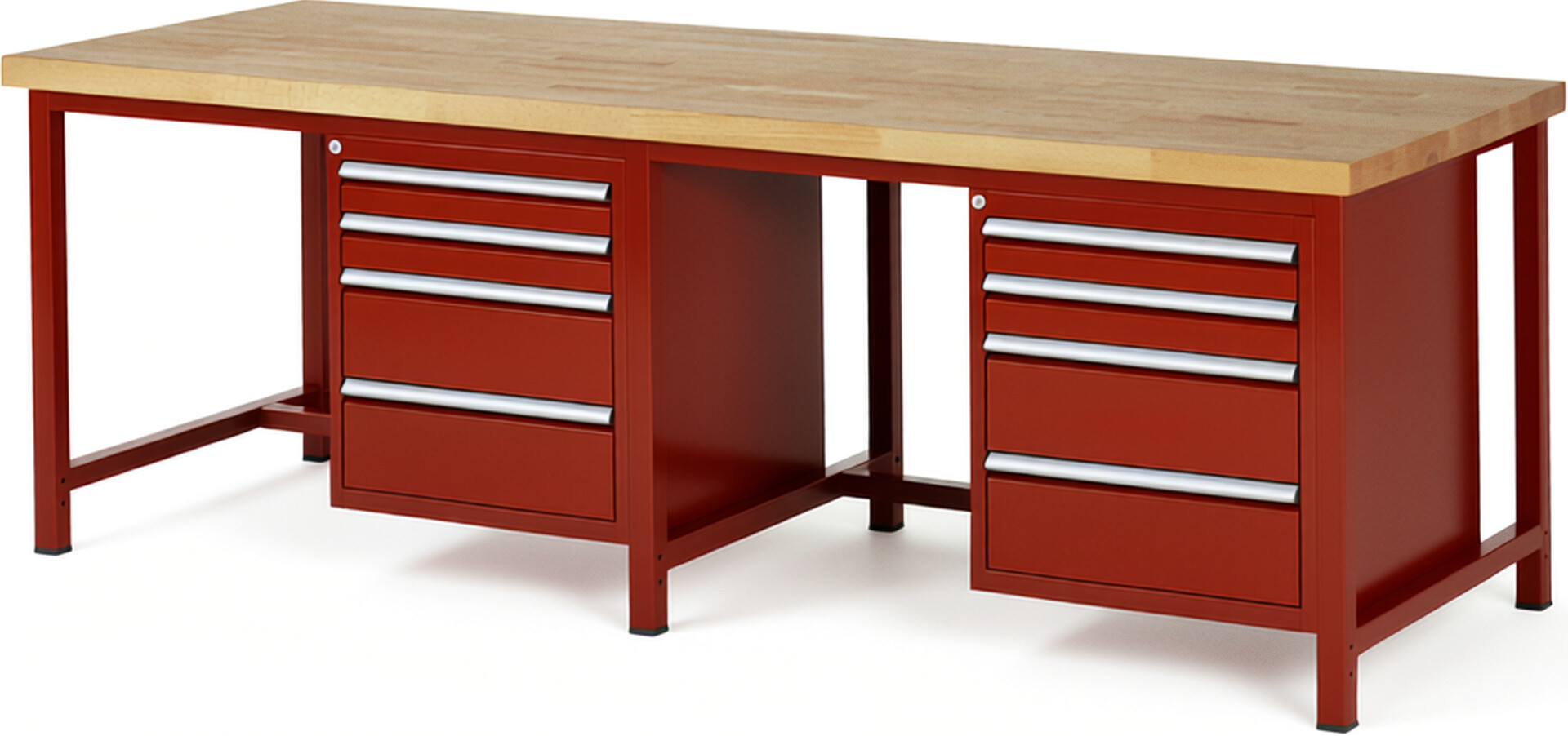 Werkbank Modell 8161 rot, BxTxH 2500x900x840-1040 mm,  Buche-Massiv Arbeitsplatte 40 mm,  8 Schubladen mit  Vollauszug 100 % und  SoftClosing