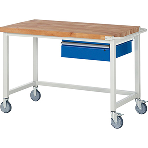 Fahrbare Werkbank, BxTxH 1250x700x880 mm, 1 Schublade 150 mm, Platte Buche 40 mm, RAL 7035/5010