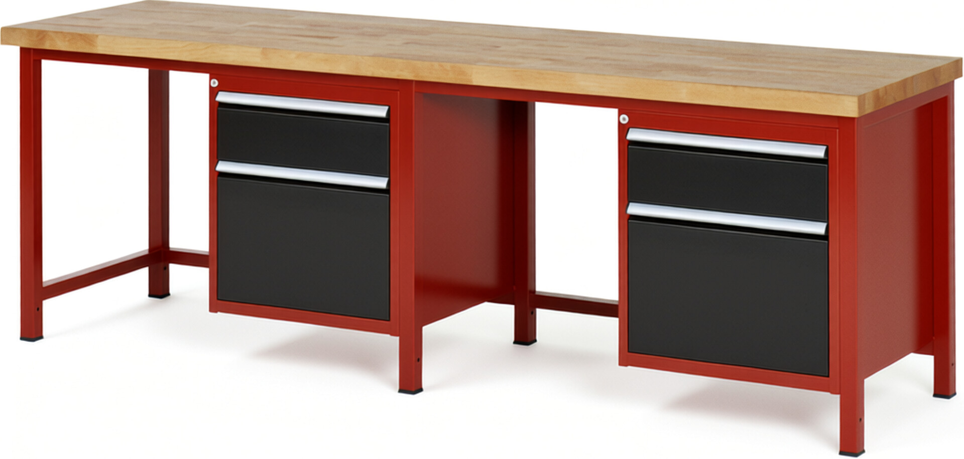 Werkbank Modell 8156 rot - schwarz, BxTxH 2500x700x840 mm,  Buche-Massiv Arbeitsplatte 40 mm,  4 Schubladen mit  Auszug 90 %