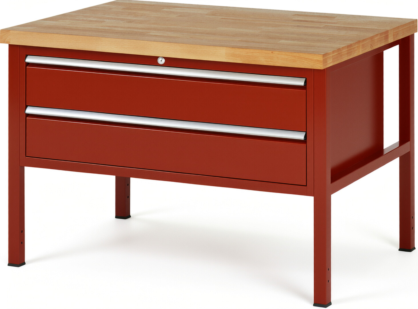 Werkbank Modell 8325 rot, BxTxH 1250x900x840-1040 mm,  Buche-Massiv Arbeitsplatte 40 mm,  2 Schubladen mit  Auszug 90 %