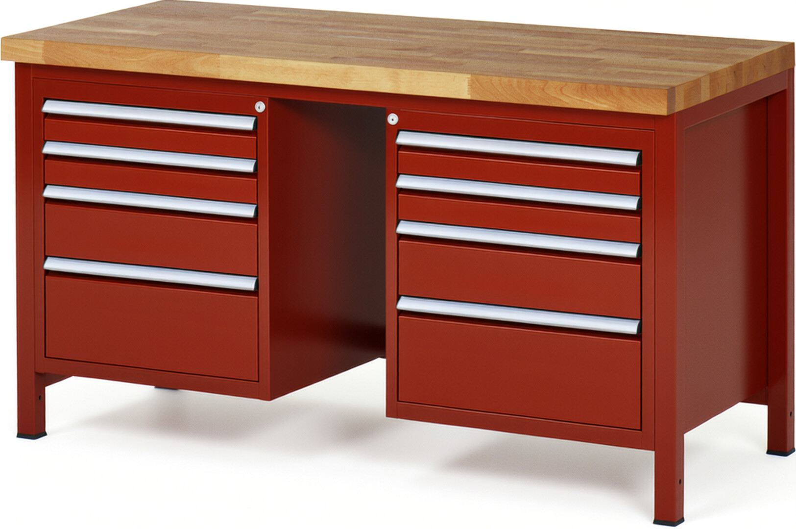 Werkbank Modell 8182 rot, BxTxH 1500x700x840-1040 mm,  Buche-Massiv Arbeitsplatte 40 mm,  8 Schubladen mit  Auszug 90 %