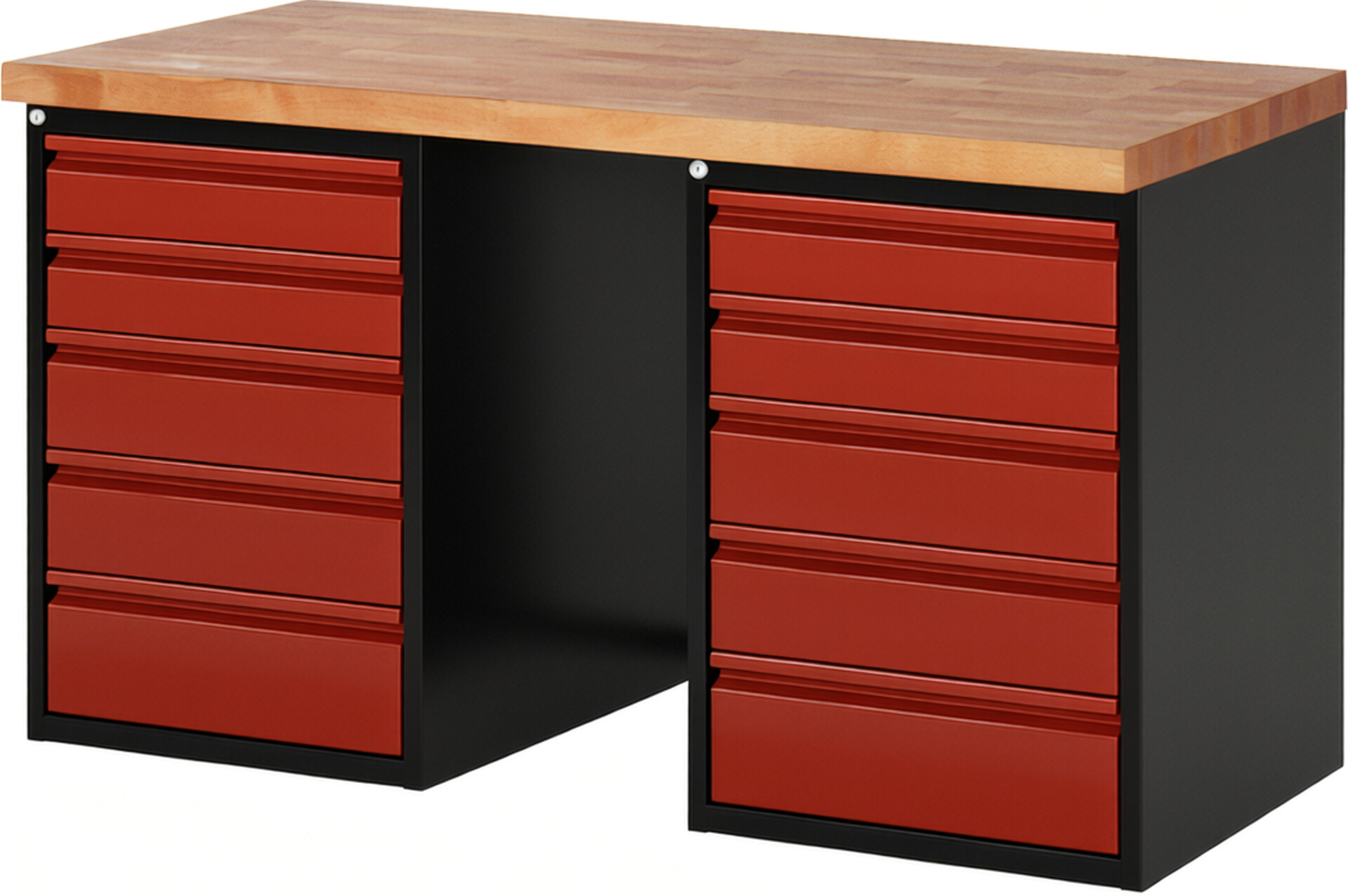 RAU Werkbank schwarz - rot - Breite 150 cm - Tiefe 70 cm - Höhe 89 cm - Buche-Massiv Arbeitsplatte 40 mm