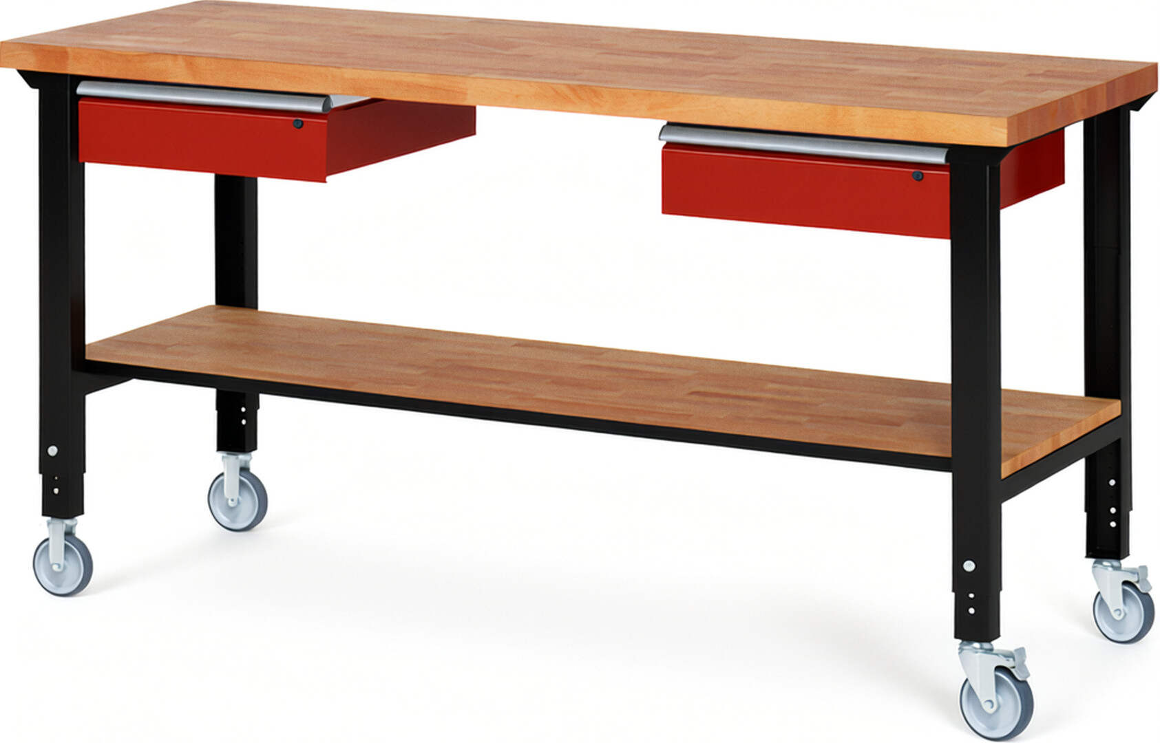 RAU Werkbank schwarz - rot - Breite 200 cm - Tiefe 70 cm - Höhe 100 cm - Buche-Massiv Arbeitsplatte 40 mm
