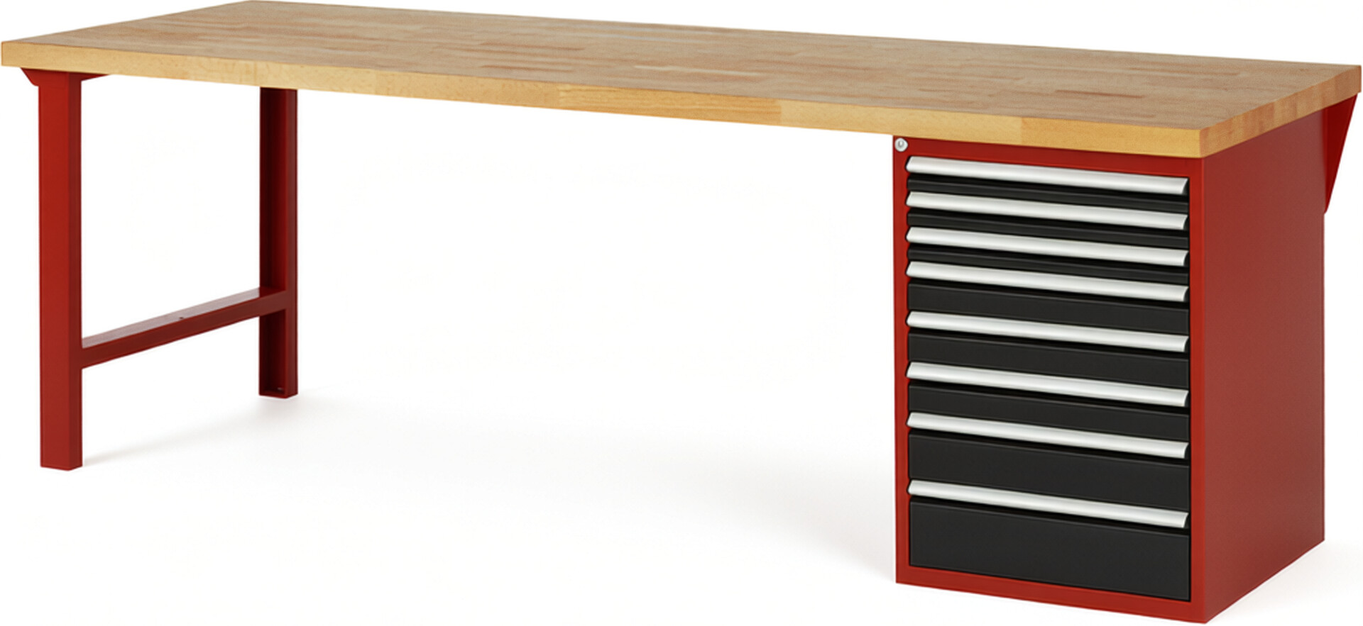 Werkbank Modell 7519 rot - schwarz, BxTxH 2500x900x890 mm,  Buche-Massiv Arbeitsplatte 40 mm,  8 Schubladen mit  Auszug 90 %