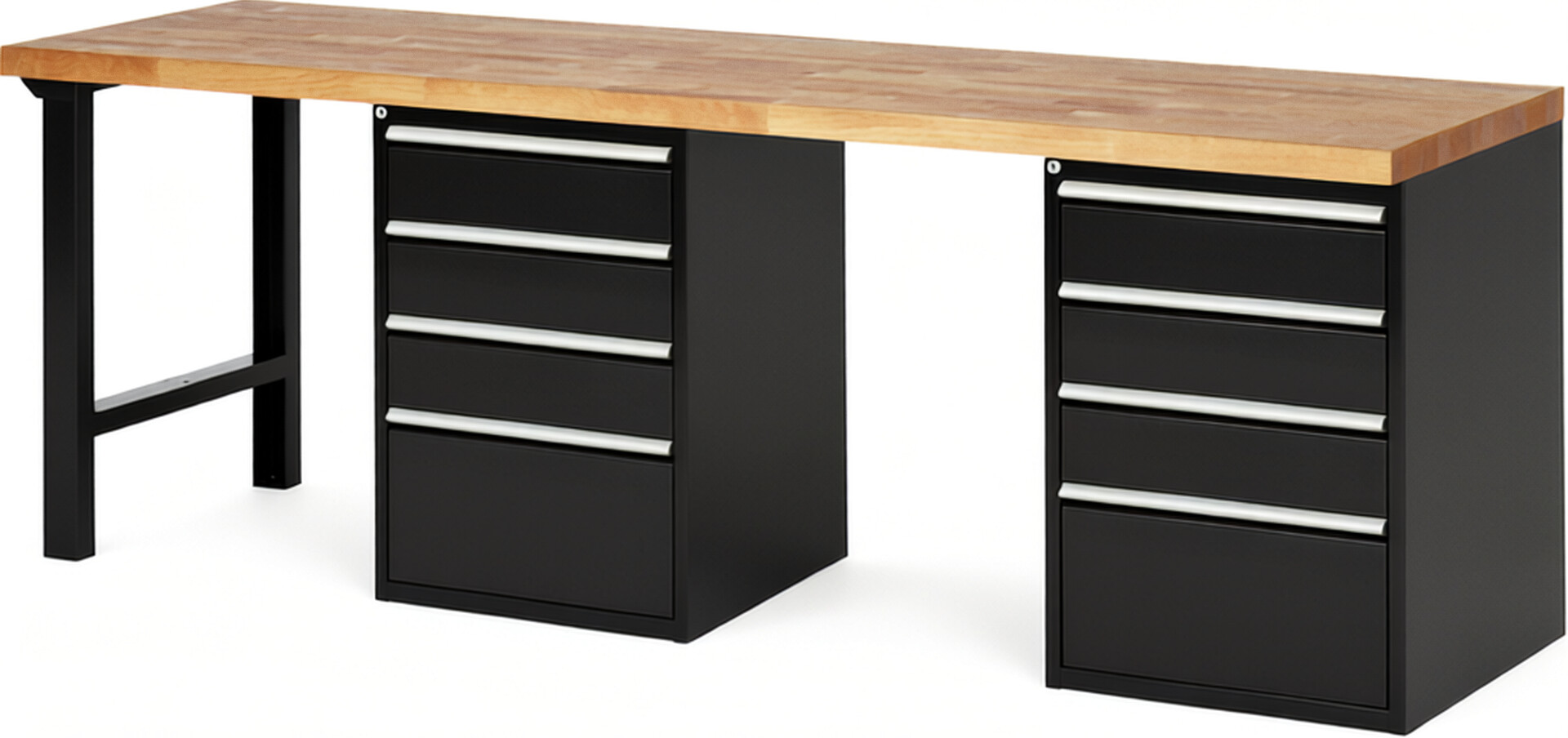 Werkbank Modell 7510 schwarz, BxTxH 2500x700x840 mm,  Buche-Massiv Arbeitsplatte 40 mm,  8 Schubladen mit  Auszug 90 %