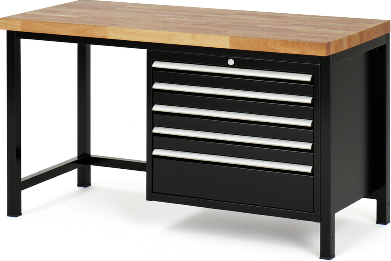 Werkbank Modell 8268 schwarz, BxTxH 1500x700x840 mm,  Buche-Massiv Arbeitsplatte 40 mm,  5 Schubladen mit  Vollauszug 100 % und  SoftClosing