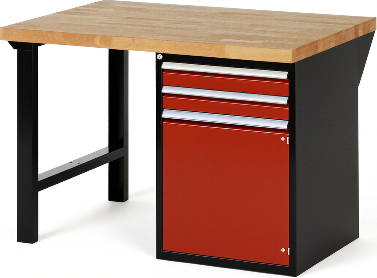 RAU Werkbank schwarz - rot - Breite 125 cm - Tiefe 90 cm - Höhe 89 cm - Buche-Massiv Arbeitsplatte 40 mm