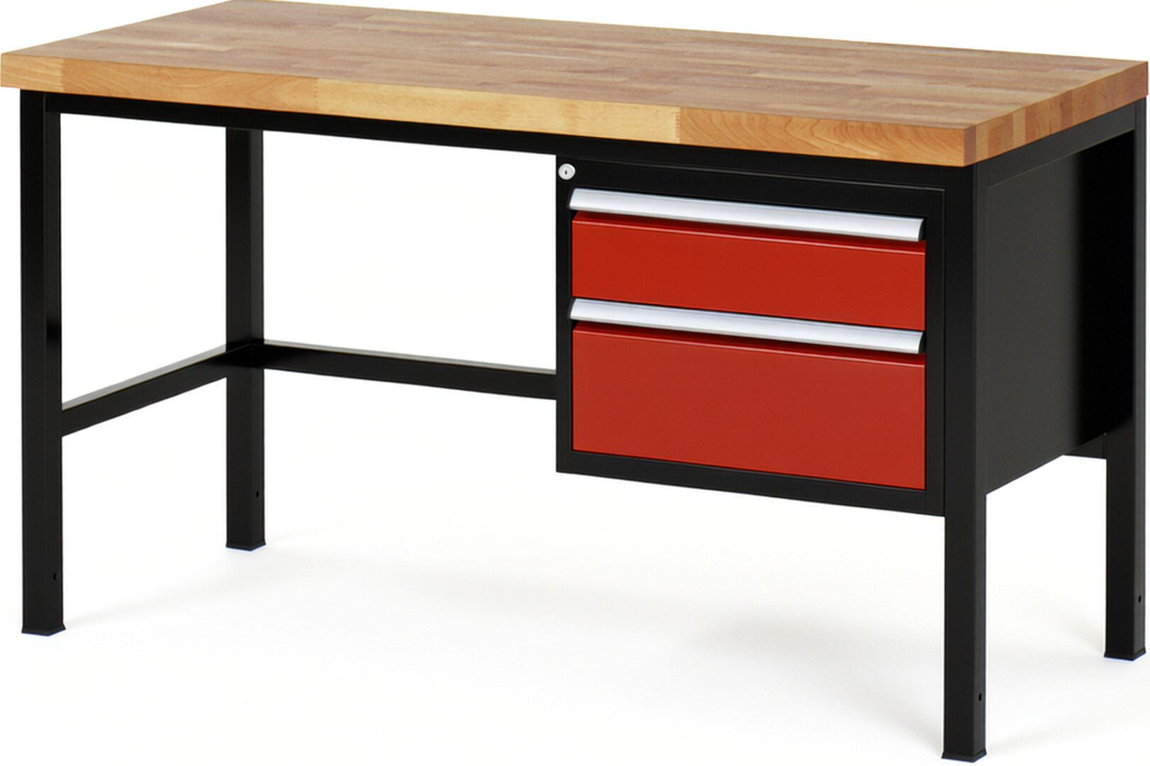 RAU Werkbank schwarz - rot - Breite 150 cm - Tiefe 70 cm - Höhe 104 cm - Buche-Massiv Arbeitsplatte 40 mm