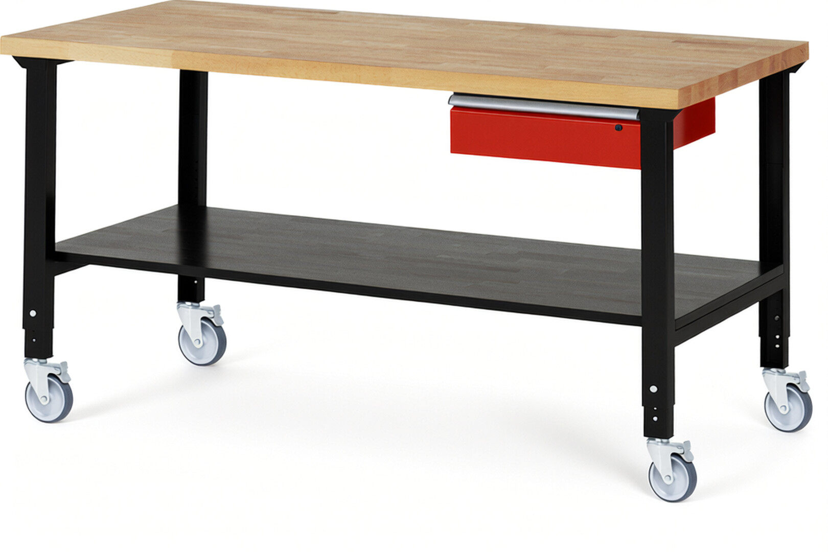 RAU Werkbank schwarz - rot - Breite 200 cm - Tiefe 90 cm - Höhe 100 cm - Buche-Massiv Arbeitsplatte 40 mm