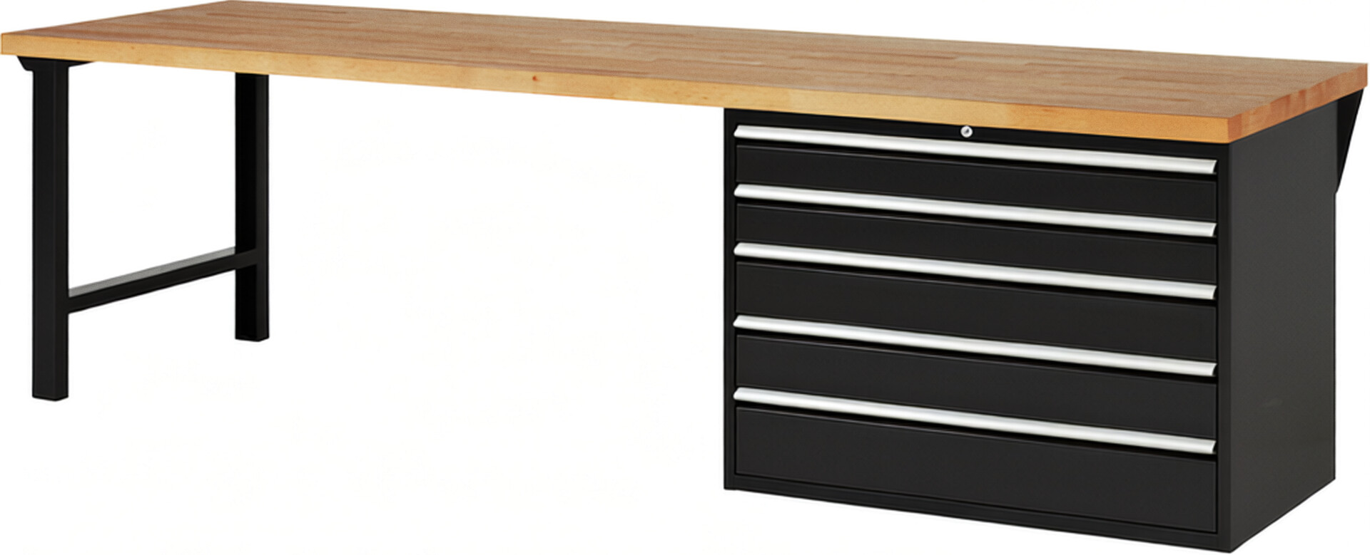 Werkbank Modell 7713 schwarz, BxTxH 3000x900x890 mm,  Buche-Massiv Arbeitsplatte 40 mm,  5 Schubladen mit  Auszug 90 %